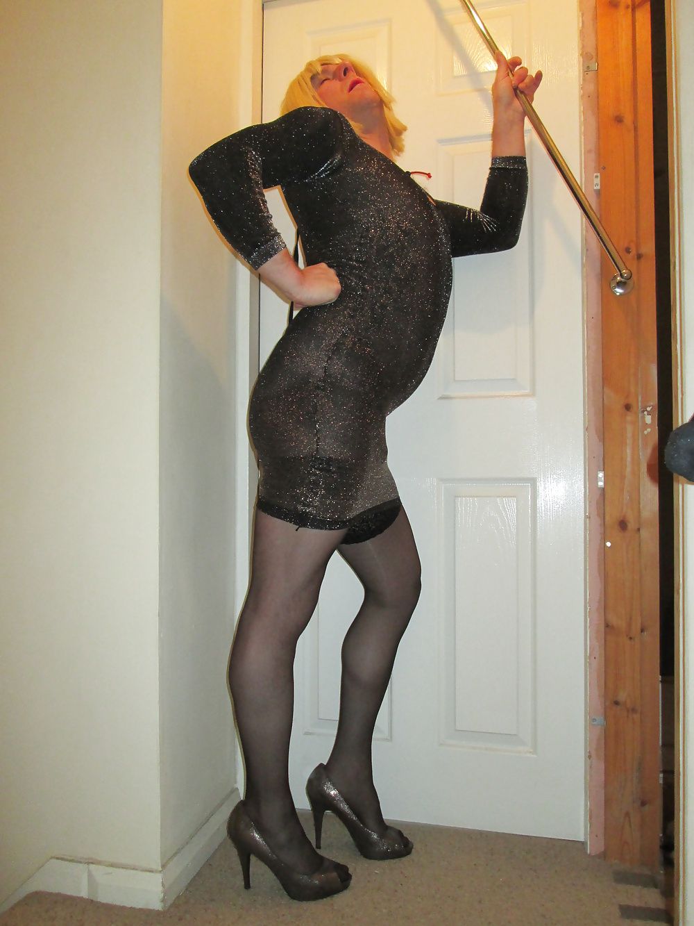  party dress, clean shaven, leads to dildo up my bum!