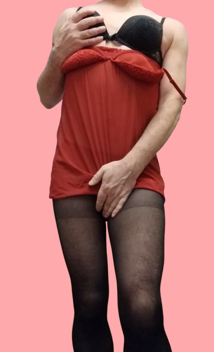  crossdresser posing in sexy lingerie and pantyhose