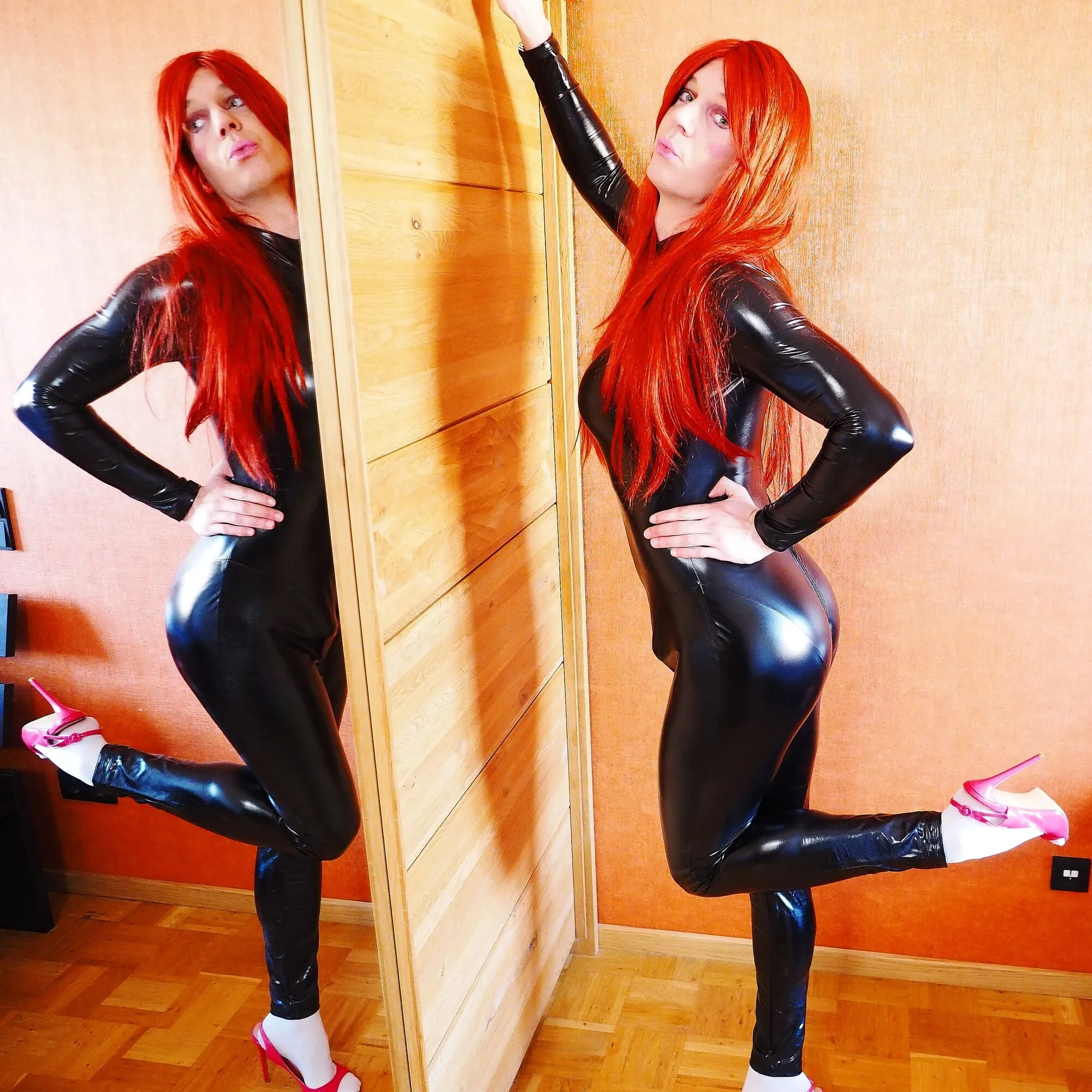 Redhead Crossdresser in Catsuit showing off