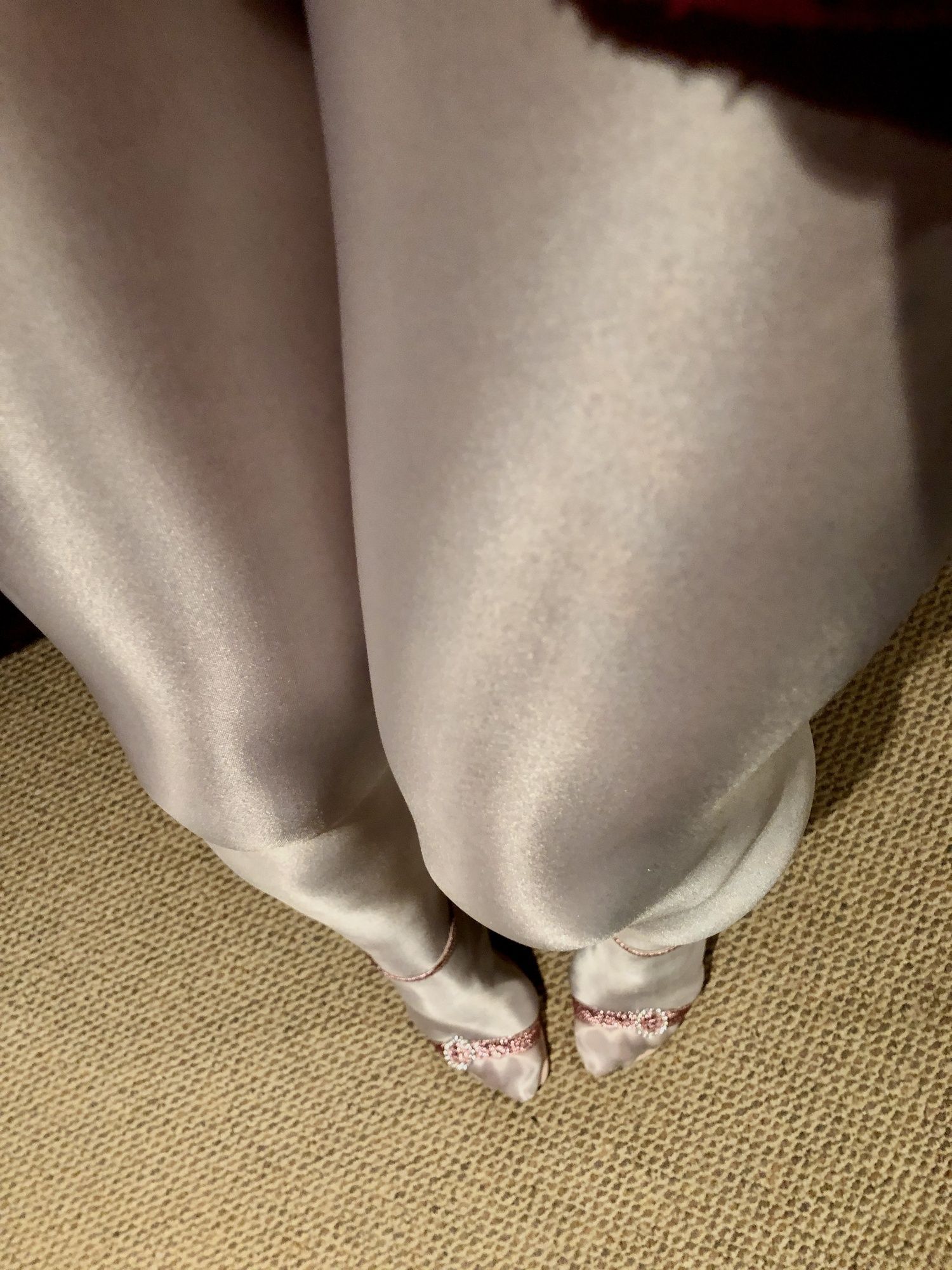 My long legs in white satin tights and sexy pink sandals #4