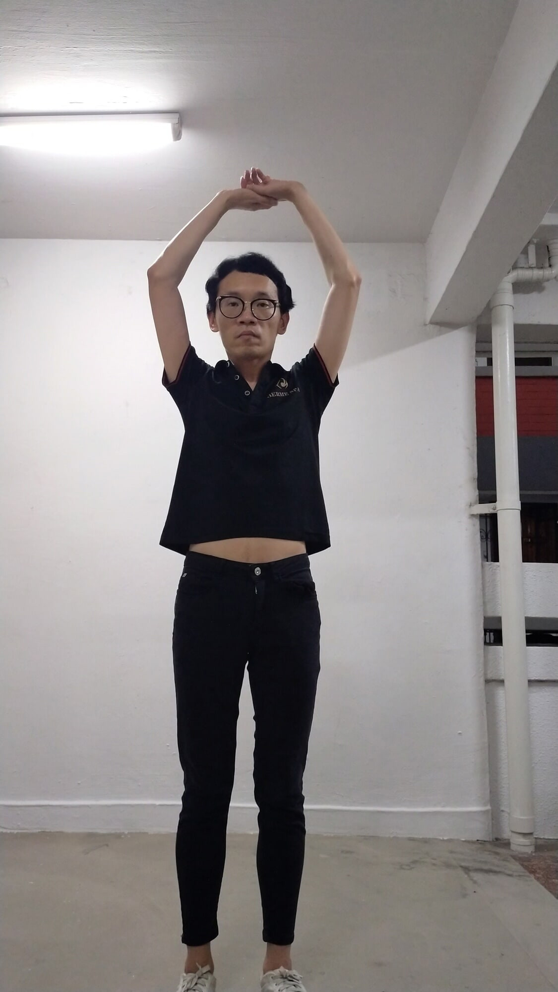 Secretly wearing massage girl polo top and her jeans.
