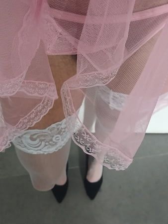 Transparent Pink nightie &white stoking high heels 