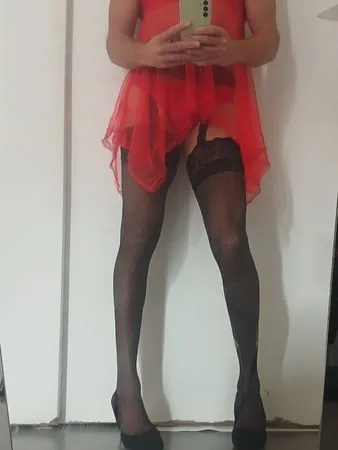 red nightie black stoking high heels         