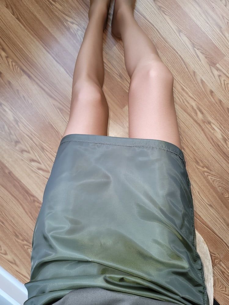 Lined green office pencil skirt with glossy pantyhose  #20
