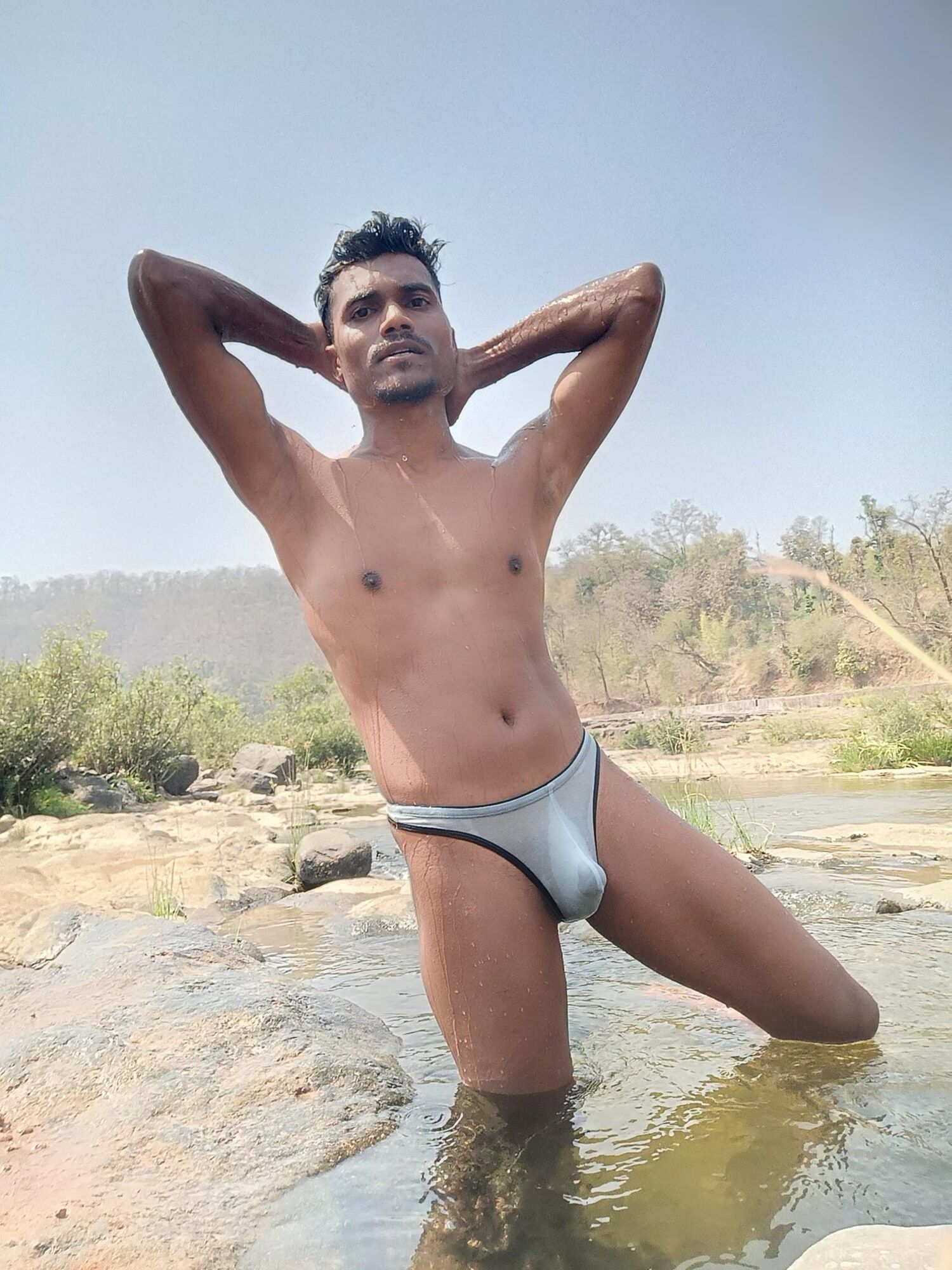 Hot muscular gym boy outdoor in river bathing enjoying swimm #4