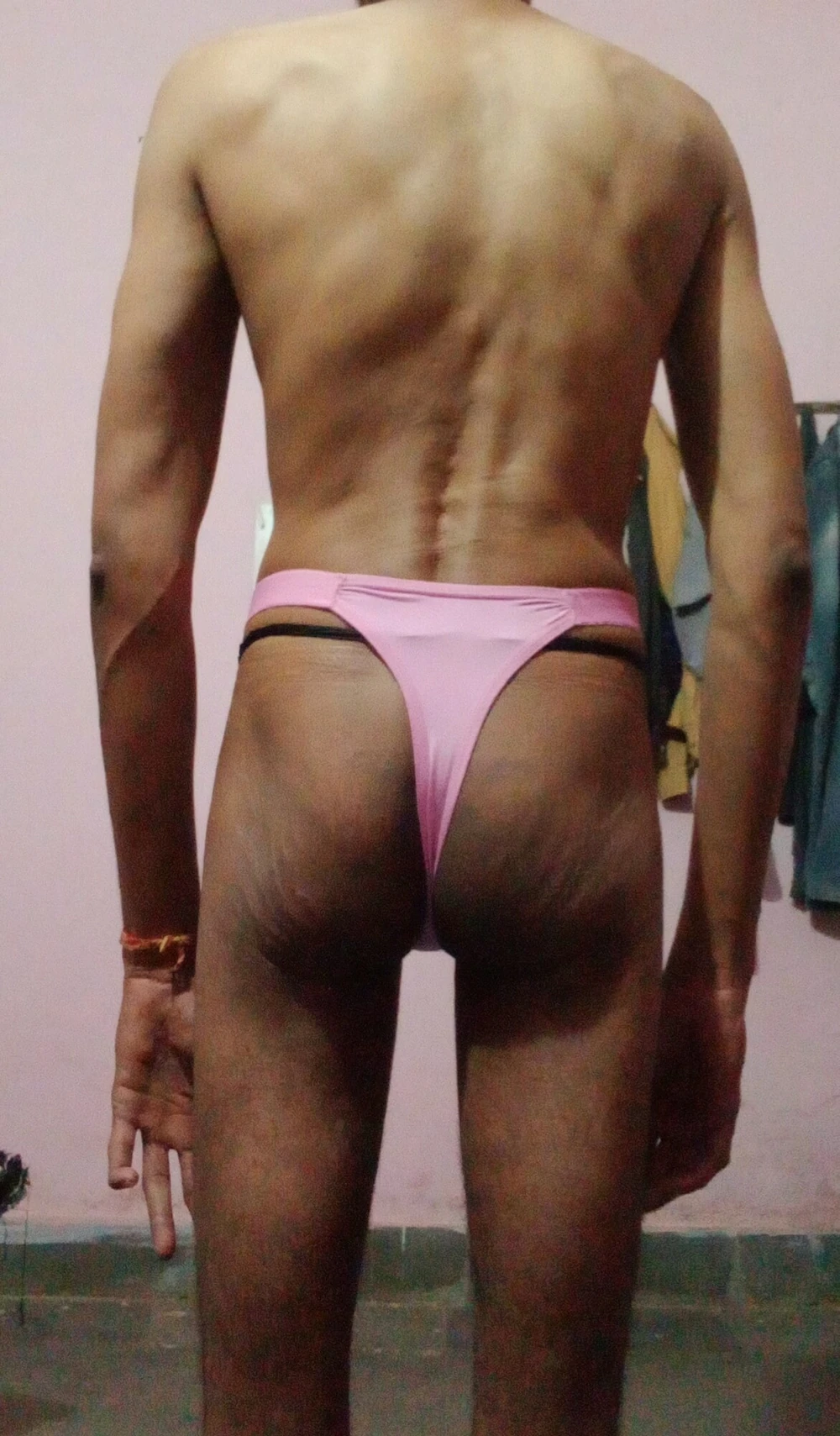 Wearing pink thong pantie #4