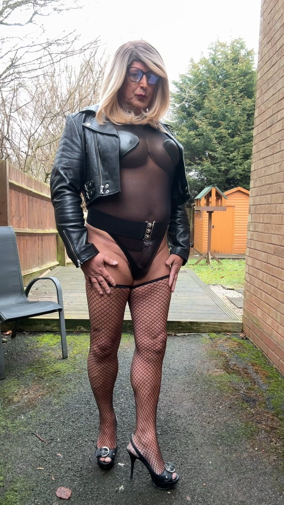 Sexy Crossdresser Kellycd2022 black pvc and nylon bodysuit #43