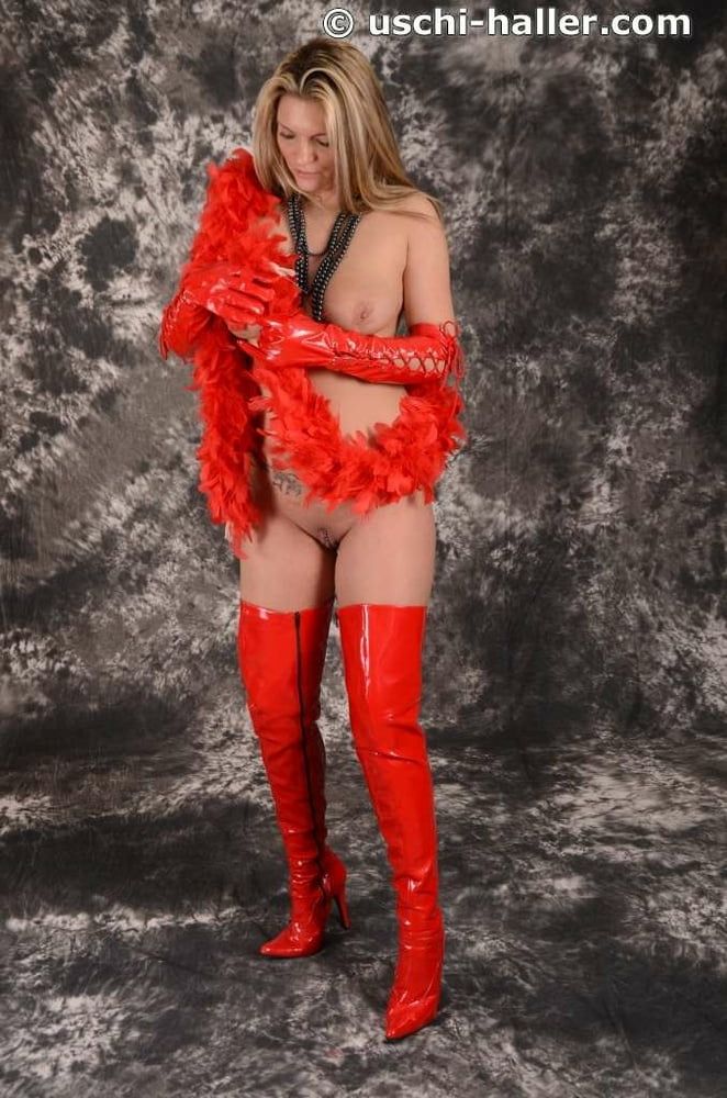 MILF Arabella May in red high boots, gloves & feather boa #7