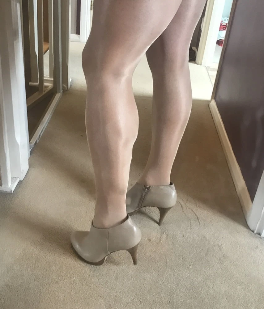 Shiny Glossy Tan pantyhose with boots #6