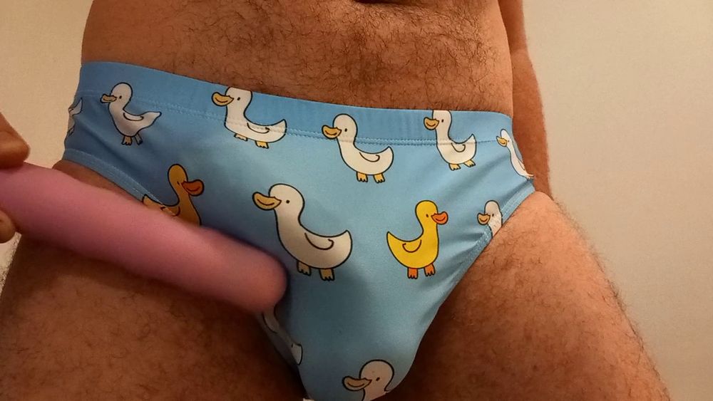 Small penis bulge cum in cute duck speedo, brief, trunks. #29