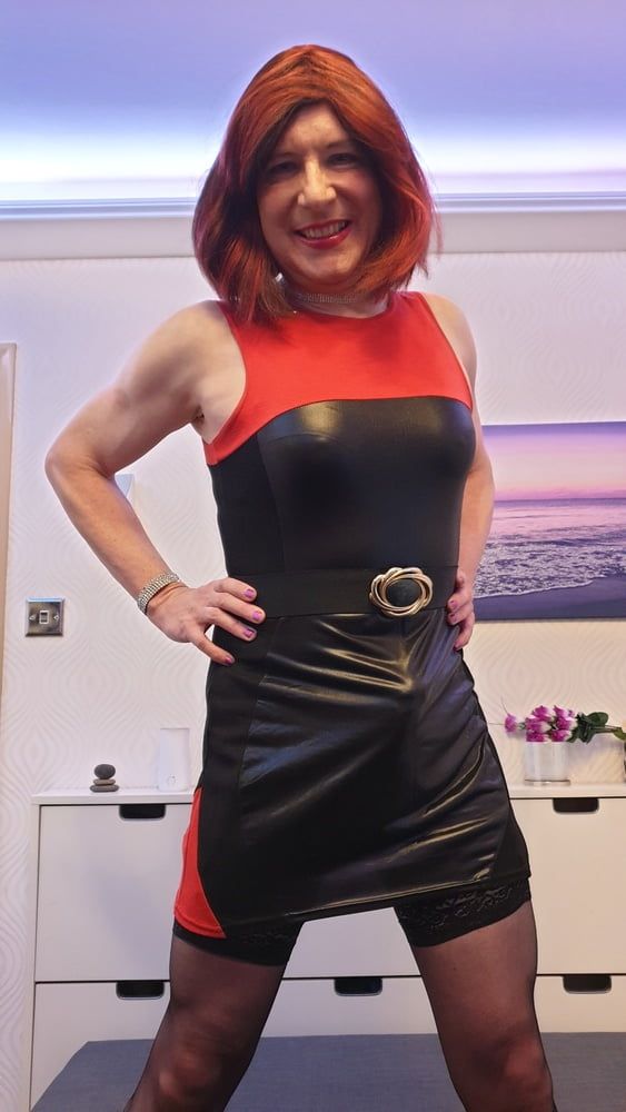 TGirl Lucy posing and playing in black and red bodycon dress #44