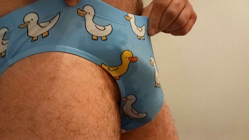 Small penis bulge cum in cute duck speedo, brief, trunks. #38