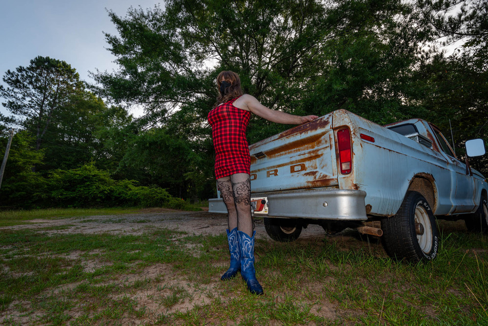 Jon Scarecrow Big Fake tits Crossdresser in Snug Plaid Dress #3