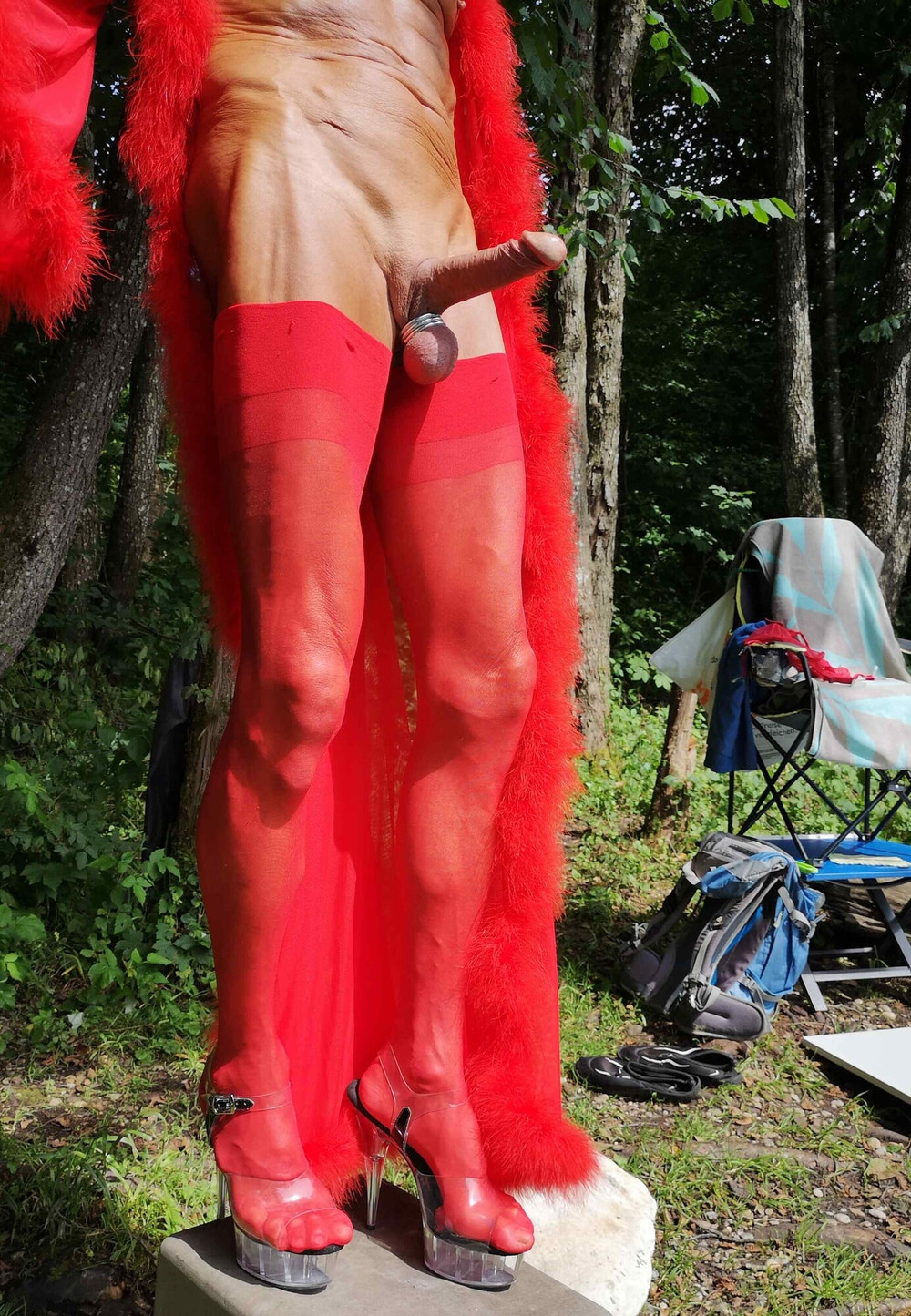 Boner in red Lingerie at public Nudist Lake #14
