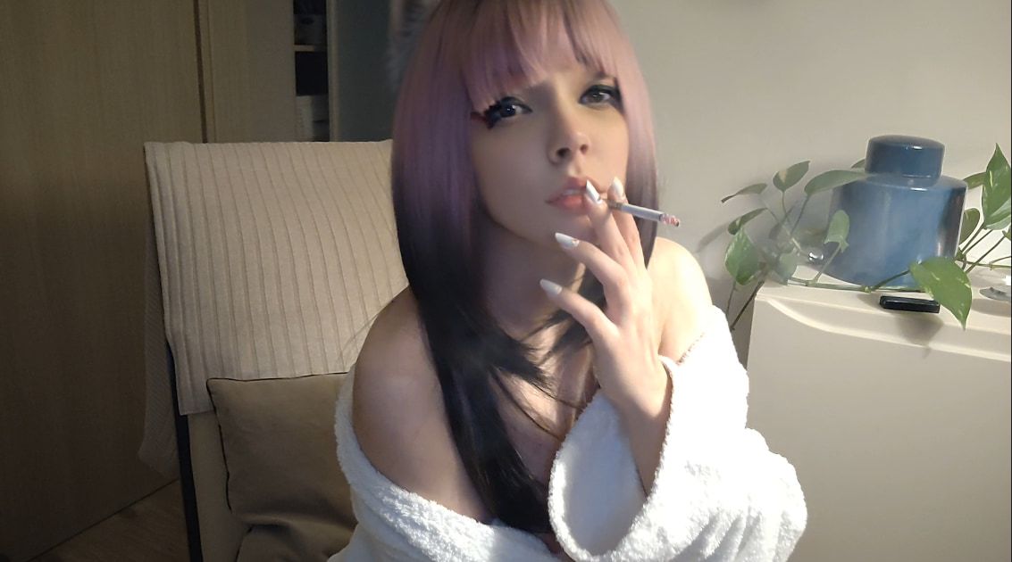 Small titties Egirl in bathrobe smoking #3