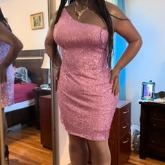 Danae in purple asymmetric glitter dress