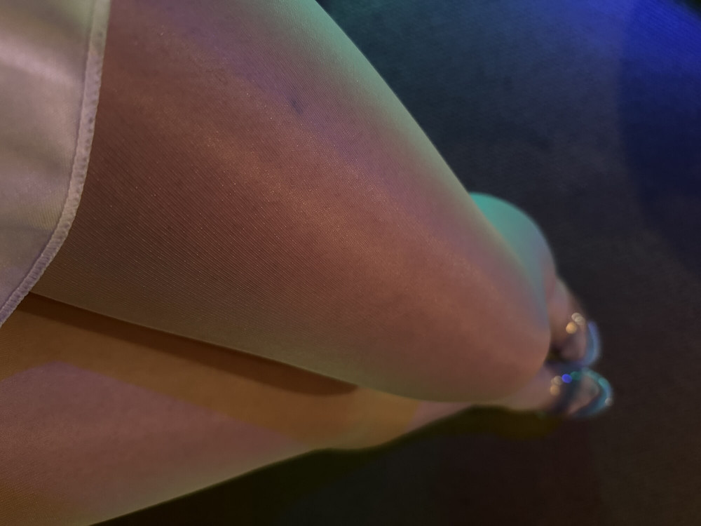My Legs In Shiny White Pantyhose Layers And High Heels #6