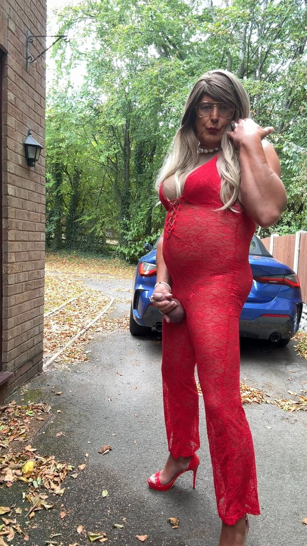 Sexy Crossdresser kellycd2022 in red lace jumpsuit and heels #20