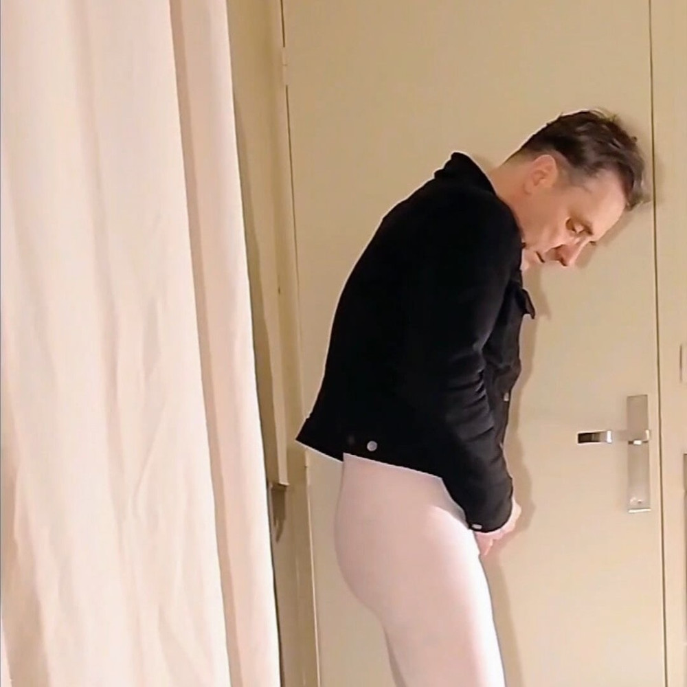 Cock stroking and handjob in white open pantyhose #9