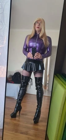 purple latex and long blonde         