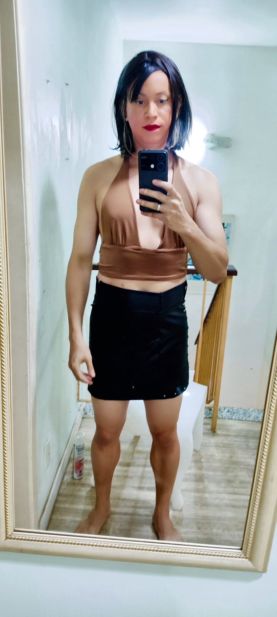 Crossdresser in brown top #15