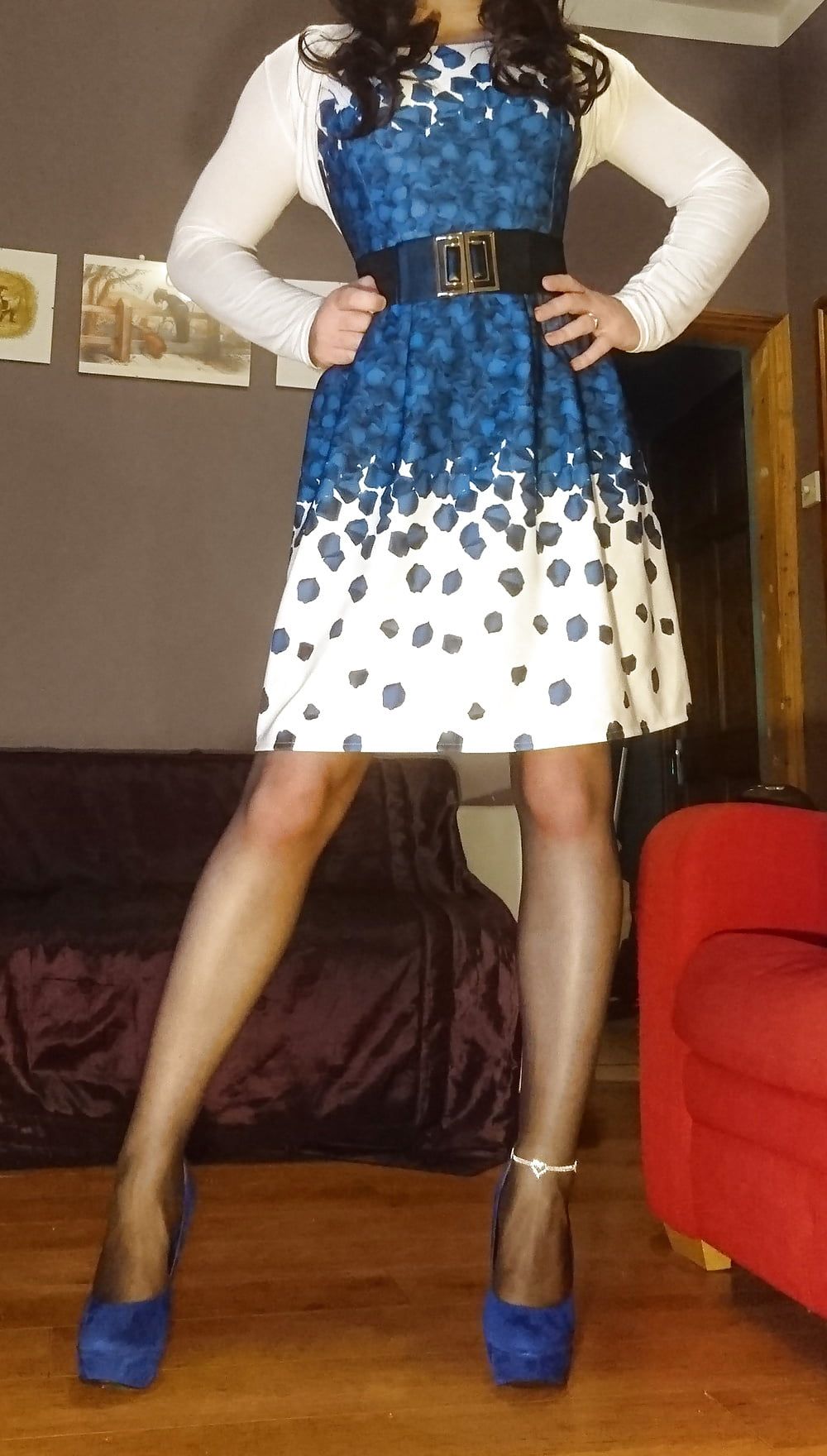 Marie crossdresser blue dress and sheer pantyhose #13