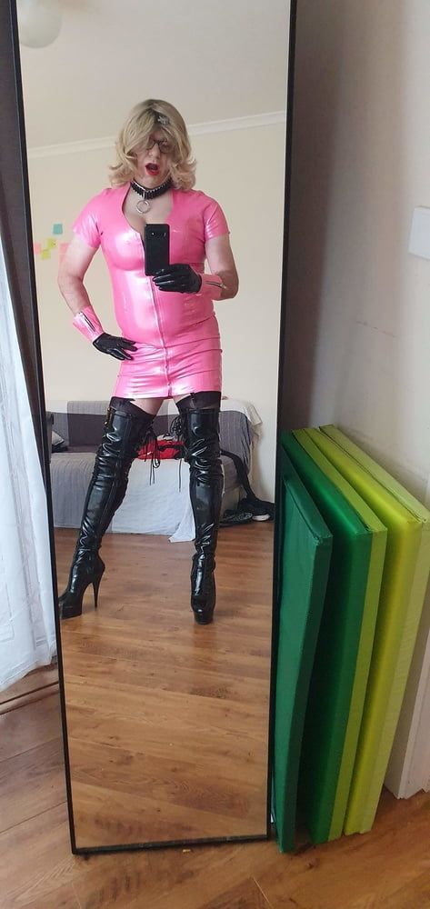 Rachel in pretty pink latex, black thigh boots #4