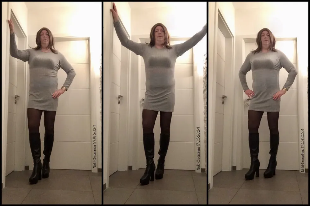 Nicki-Crossdress grey Dress, black Tights &amp; Boots #4