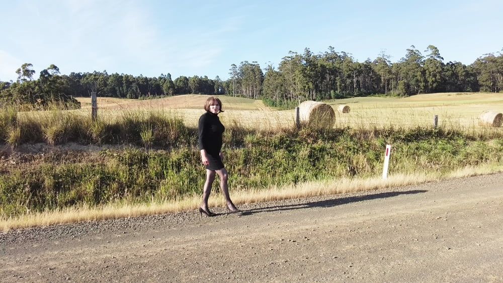 Crossdress Road trip- Rural road -Black Dress #17