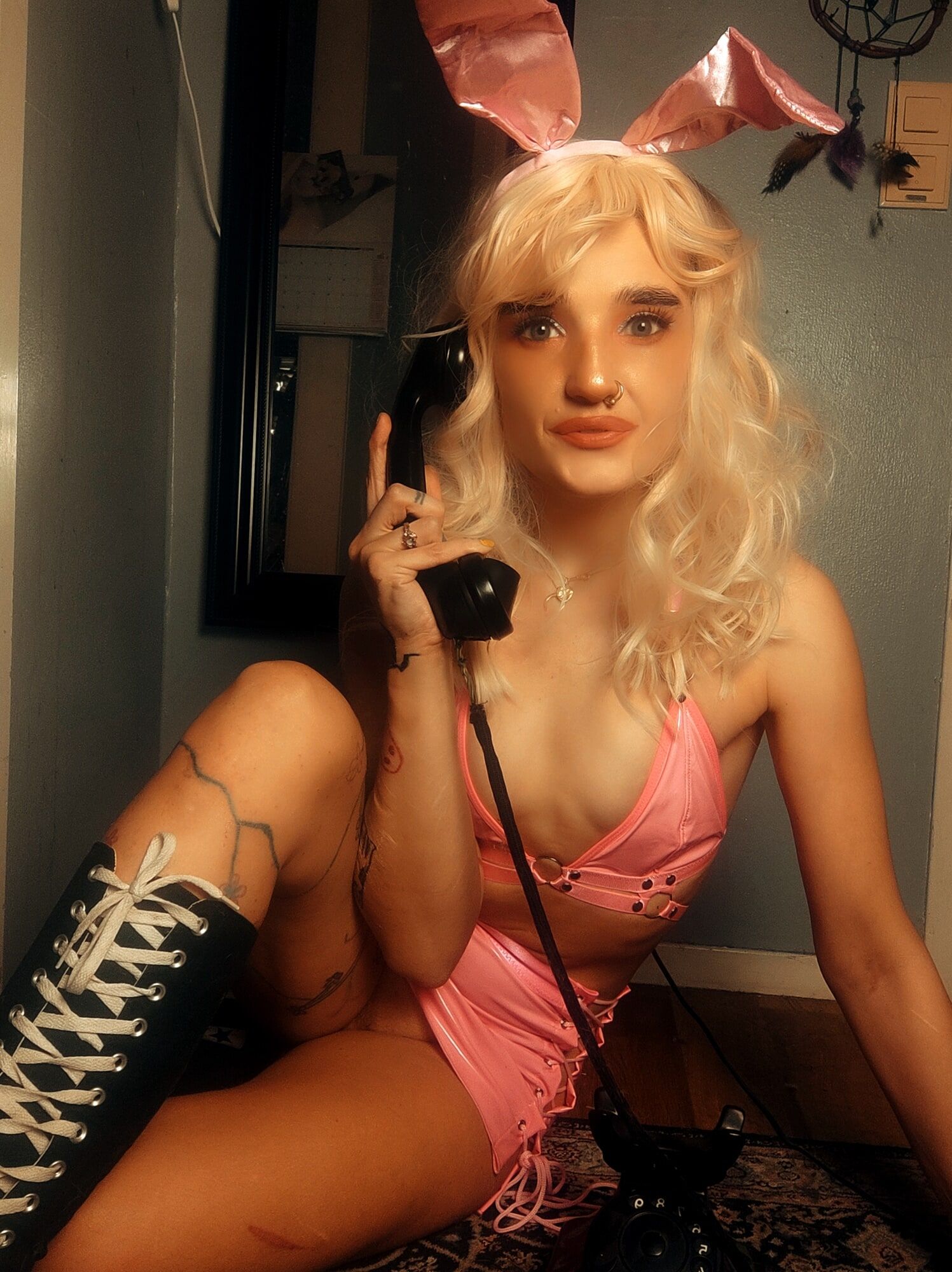 Pink bunny talking on the phone while showing off pussy #17