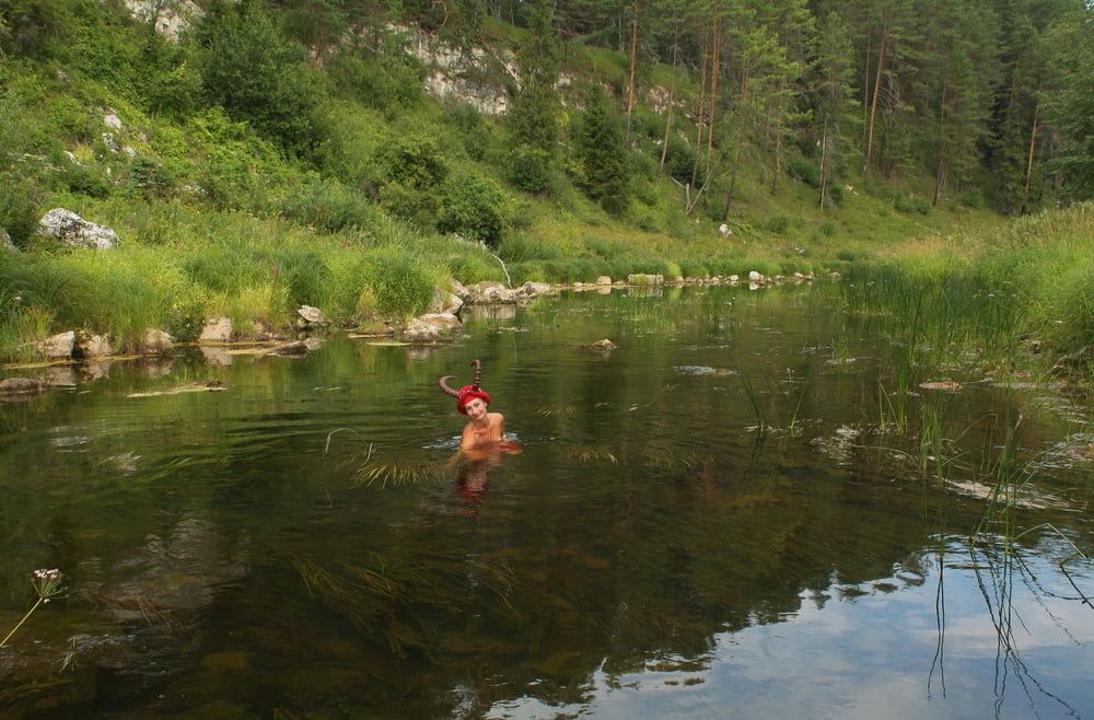 With Horns In Red Dress In Shallow River #40