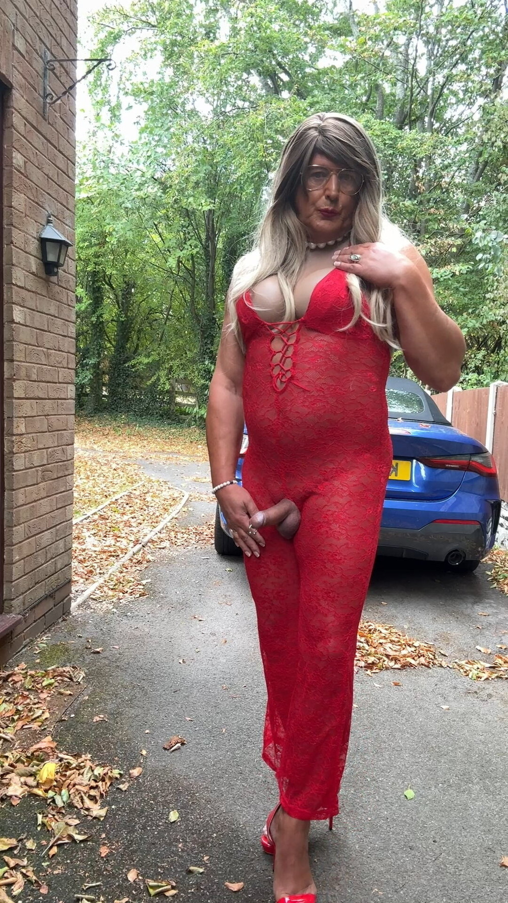 Sexy Crossdresser kellycd2022 in red lace jumpsuit and heels #32