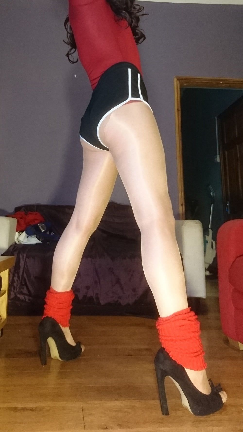 Marie crossdresser stretching in pantyhose #9