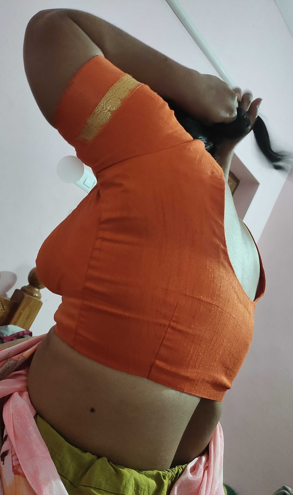 Sexy desi housewife Sreejaa in orange blouse and saree remov #24