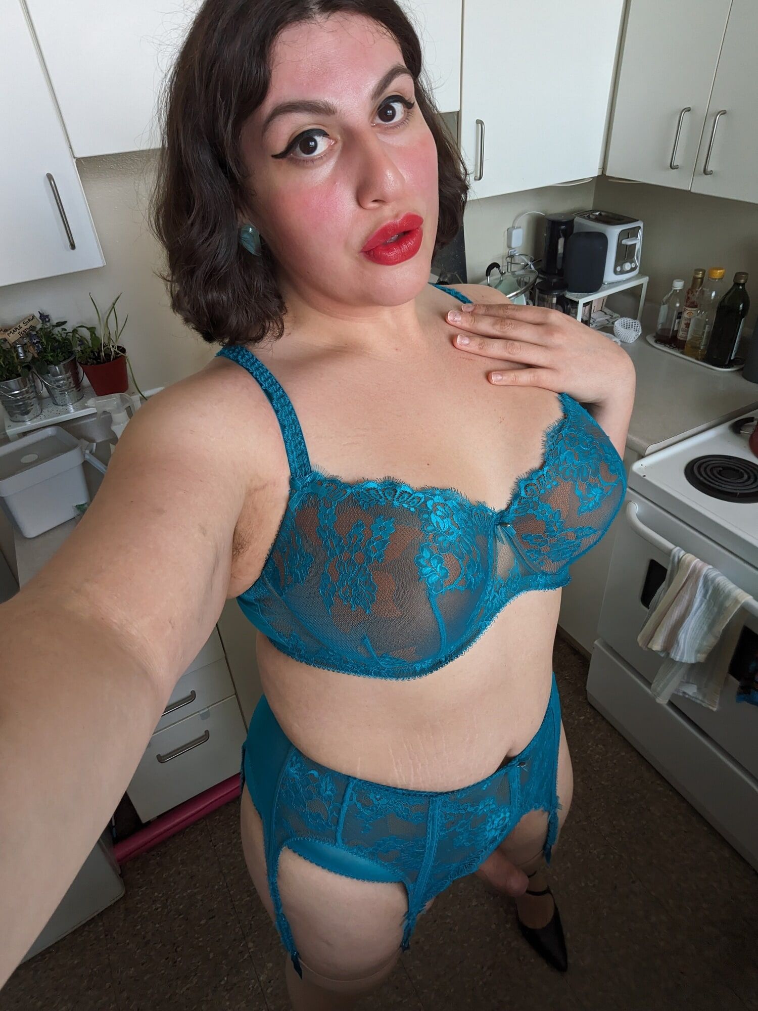 Busty Latina Tranny in Blue Vintage Lingerie  #22
