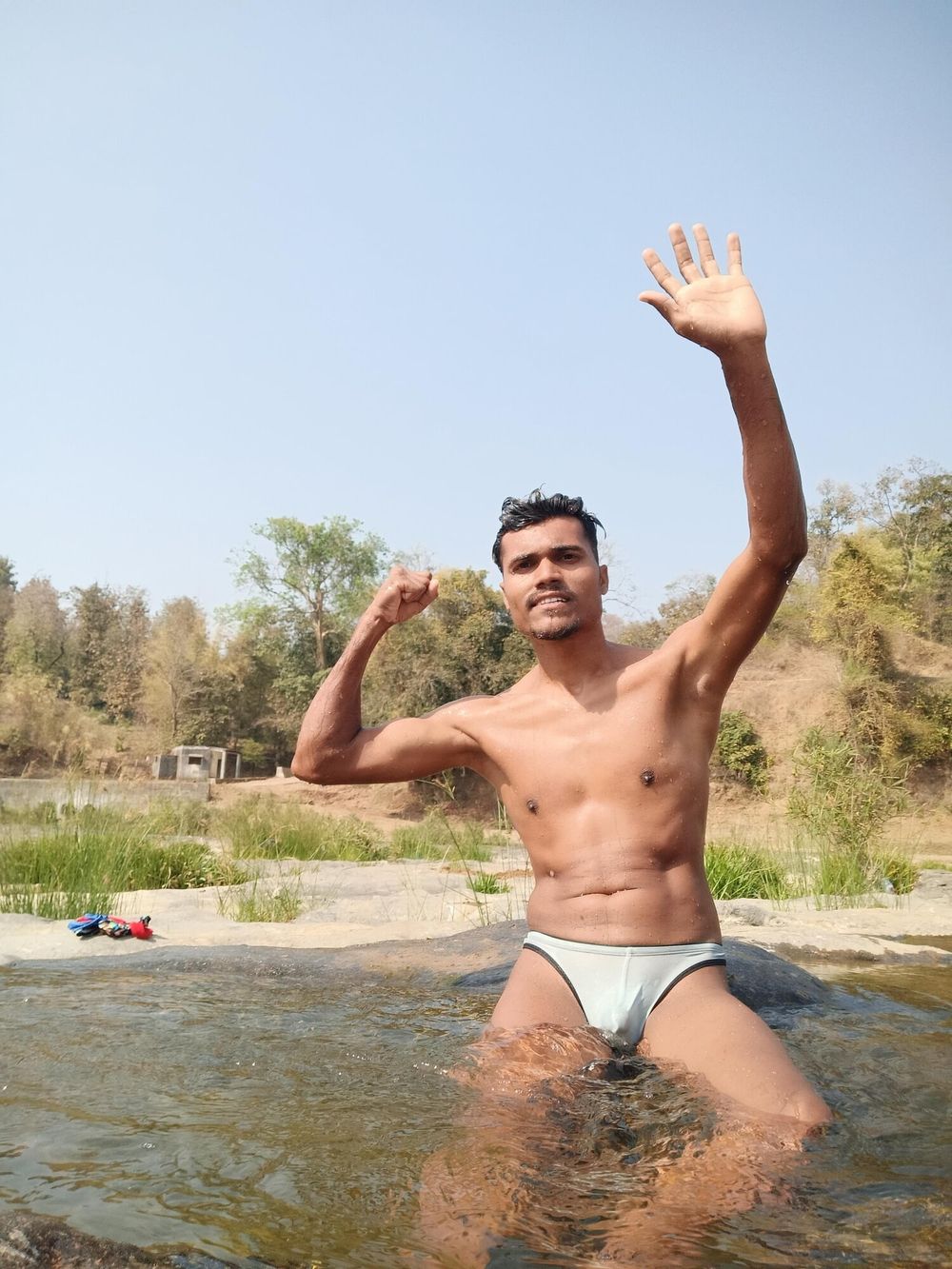 Hot muscular gym boy outdoor in river bathing enjoying swimm #8