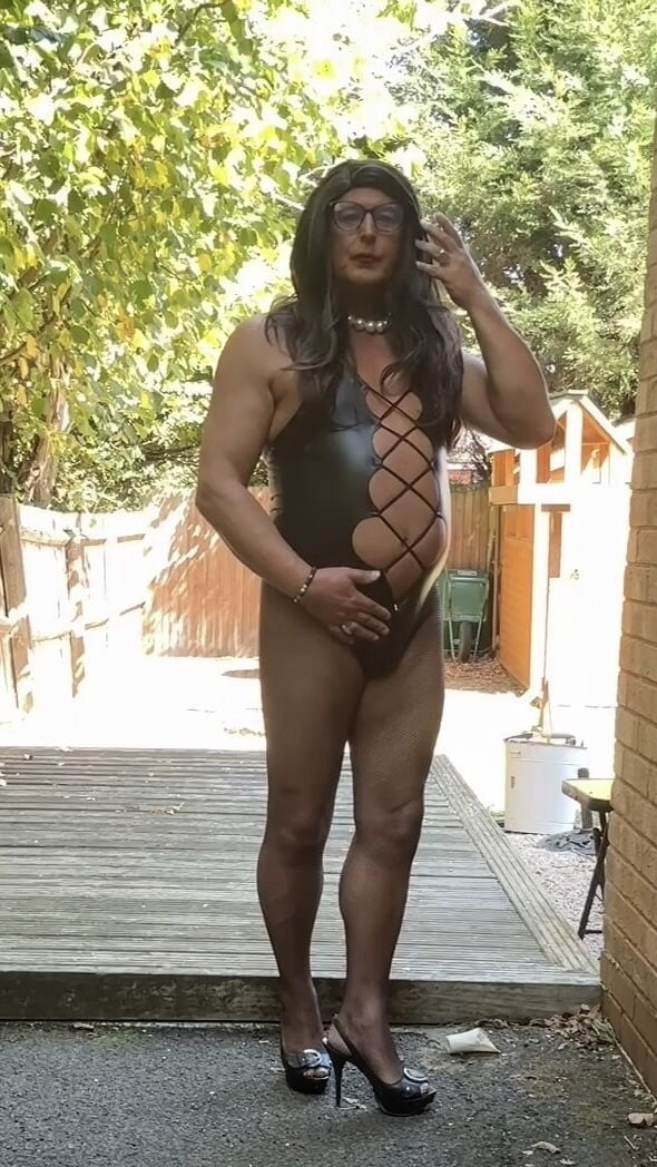 Sexy Crossdresser kellycd2022 in black pvc bodysuit and heel #16