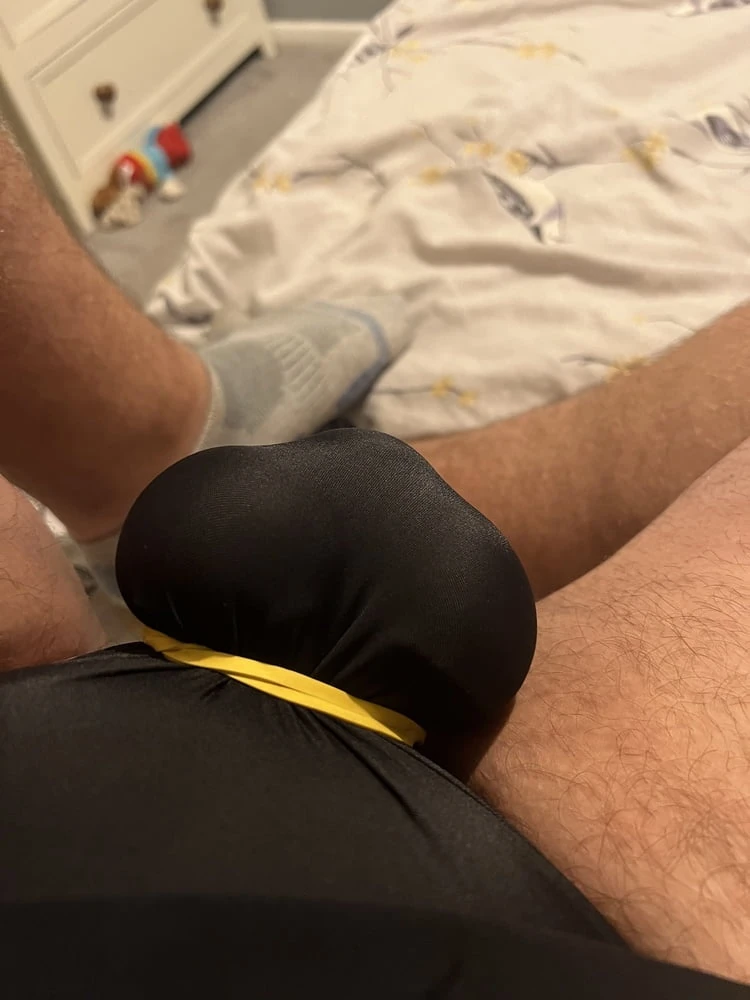 Cock and ball bondage with swimsuit and butt plug, clamps #3