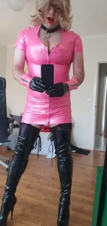 rachel in pretty pink latex black thigh boots         