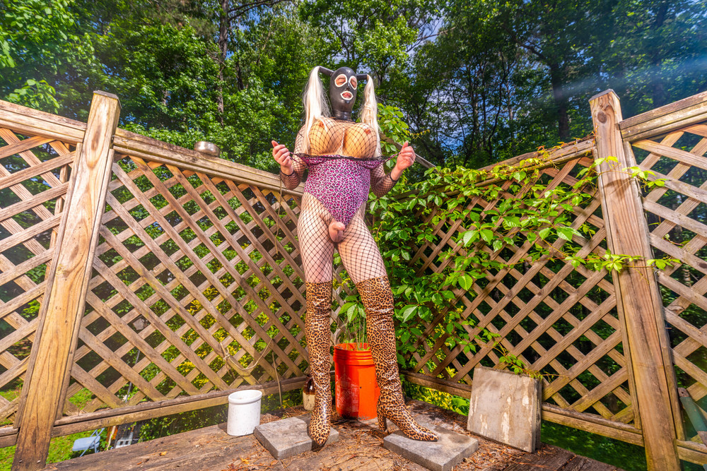 Gigantic fake tits Crossdresser in lingerie thigh high boots #31
