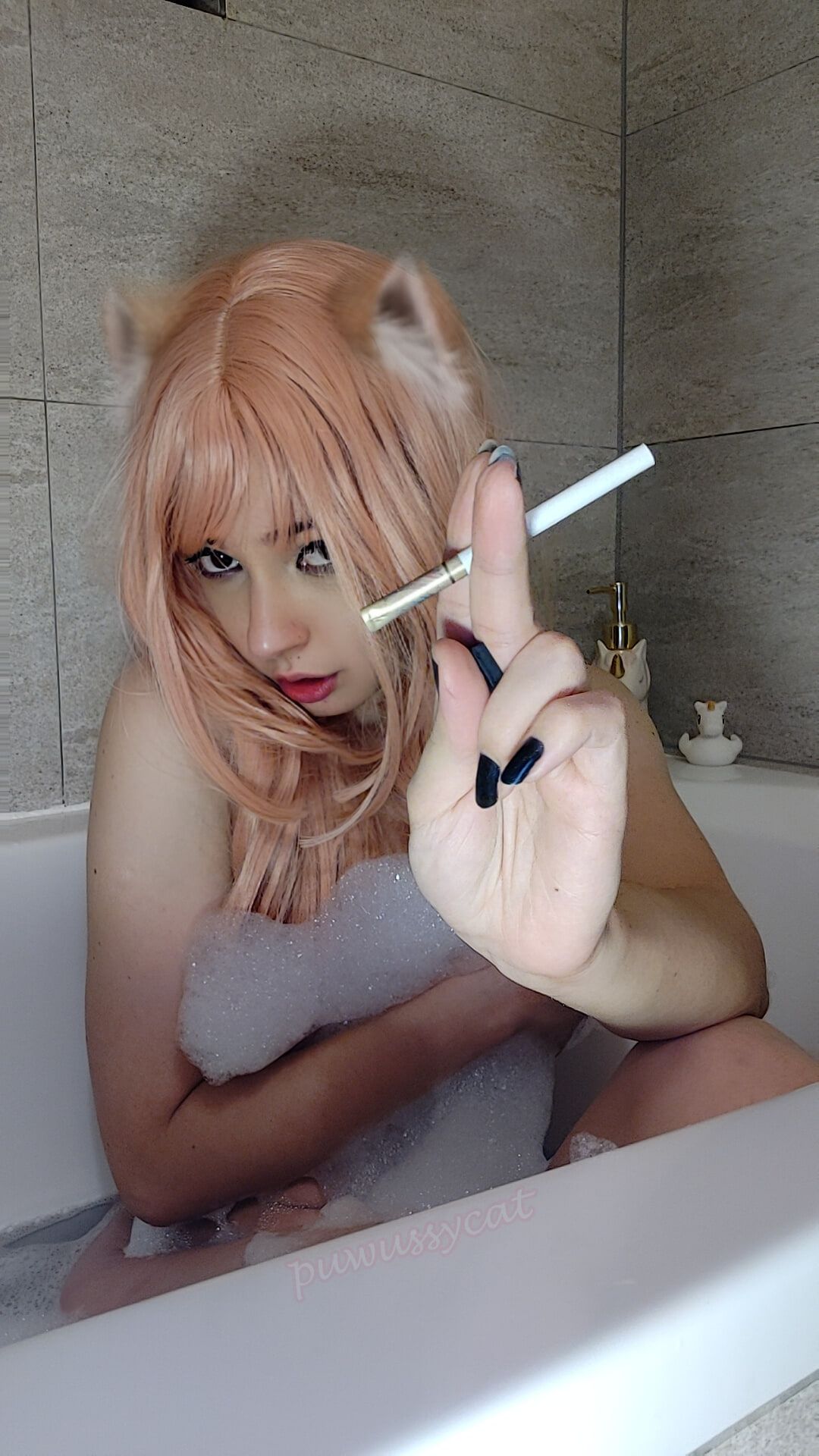 Egirl smoking in bathtub with bubbles #3