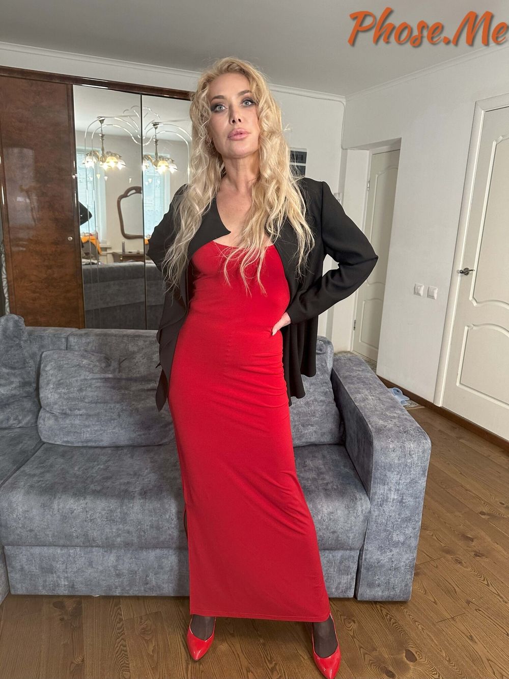 Blonde MIlf In Red Slit Dress, Black Pantyhose and Heels