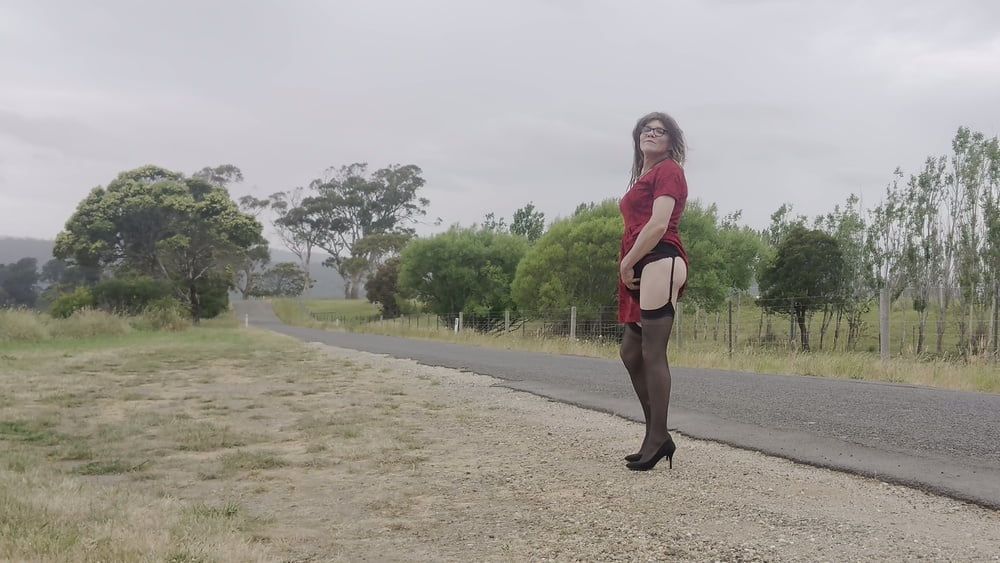 Crossdress road trip red dress #16