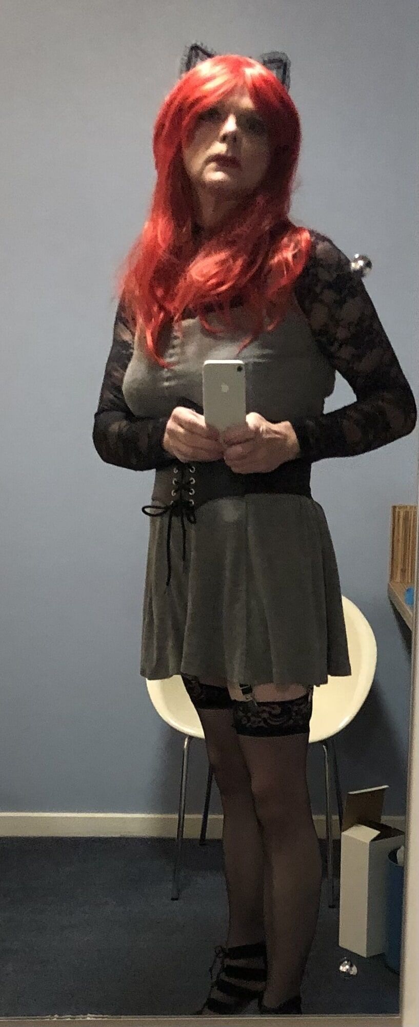 Red hair Grey dress