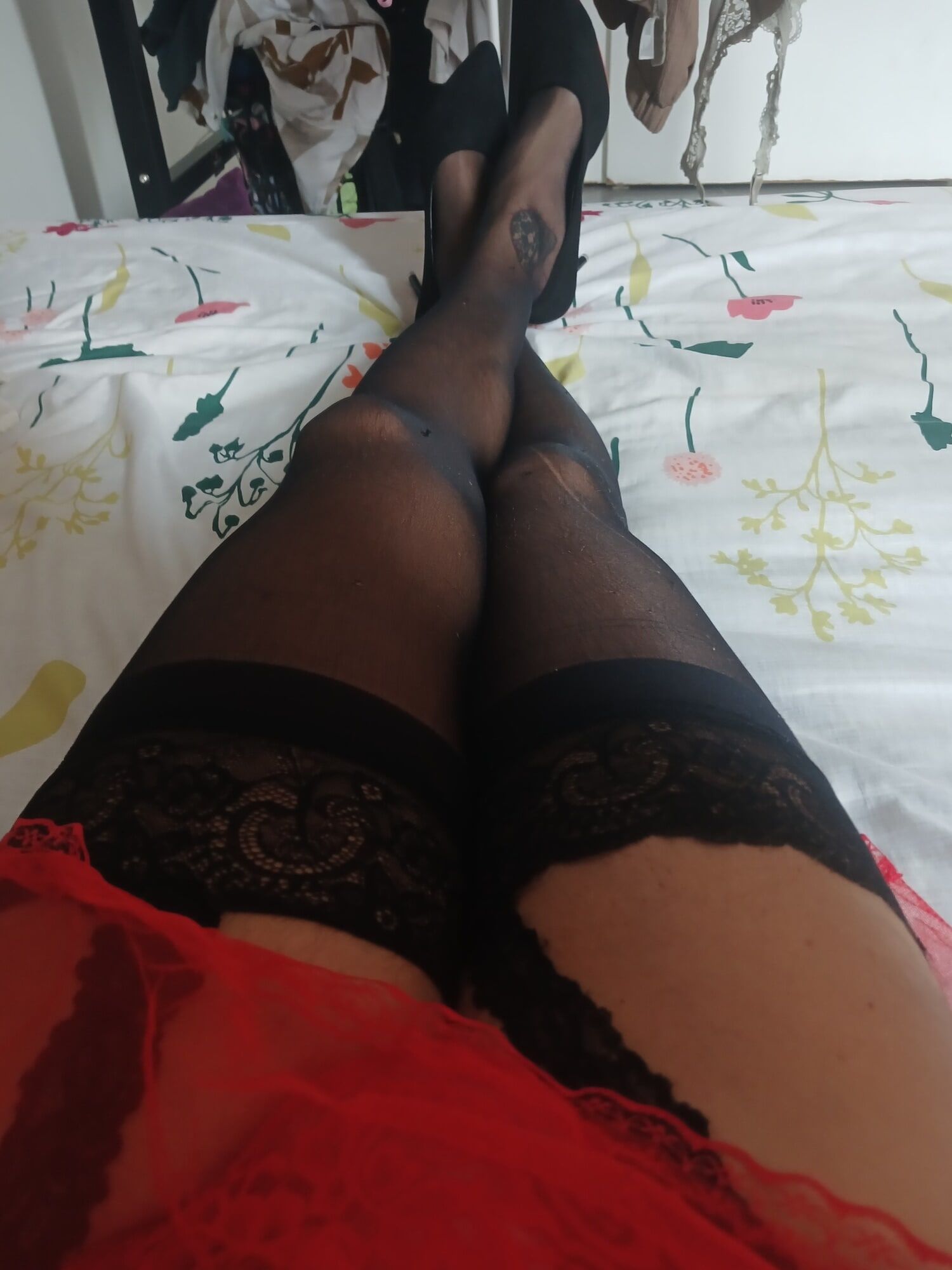Red nightie black stoking high heels  #34