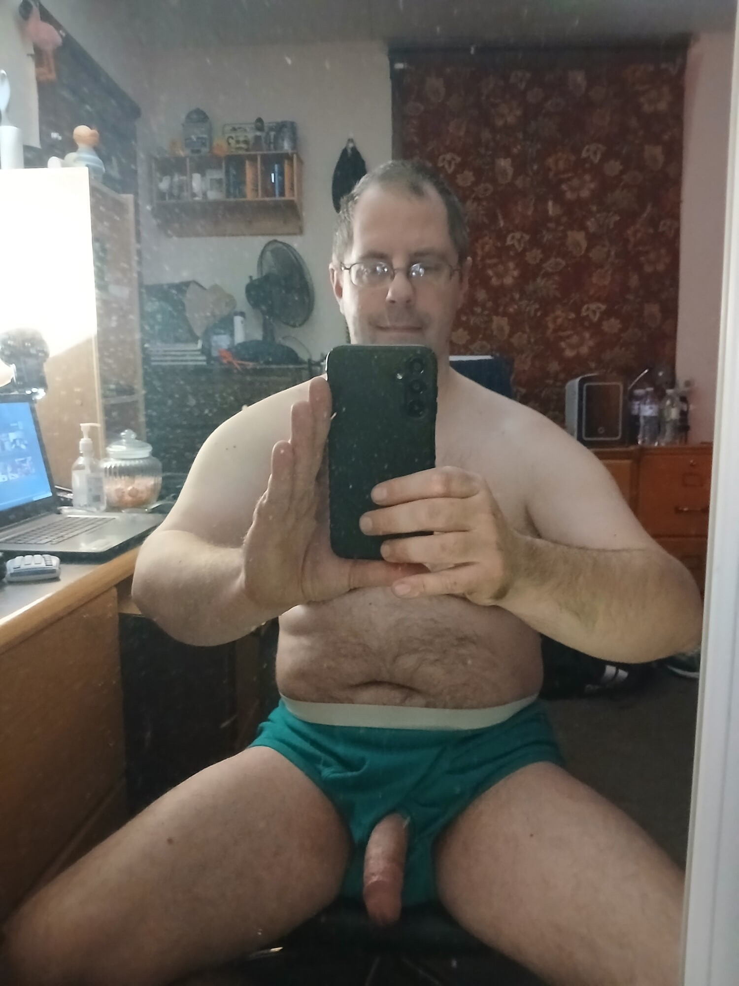 Posing in vintage teal Fruit of the Loom briefs 