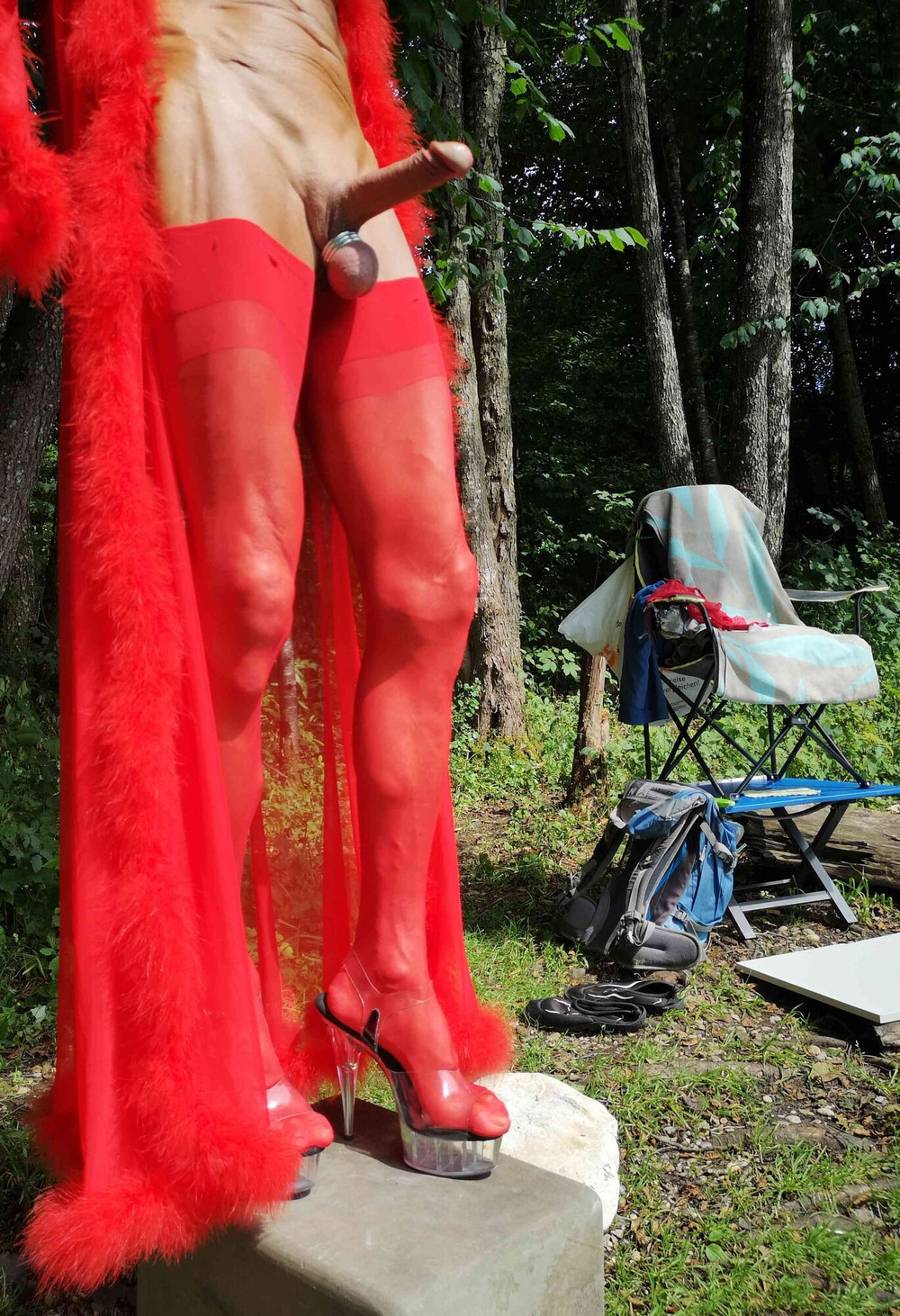 Boner in red Lingerie at public Nudist Lake #22