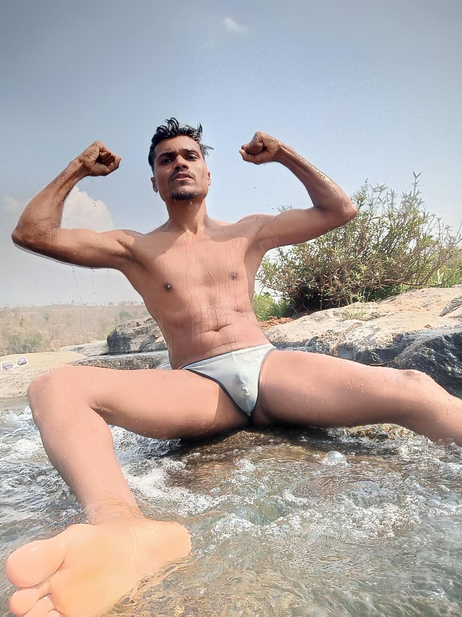 Hot muscular gym boy outdoor in river bathing enjoying swimm #21