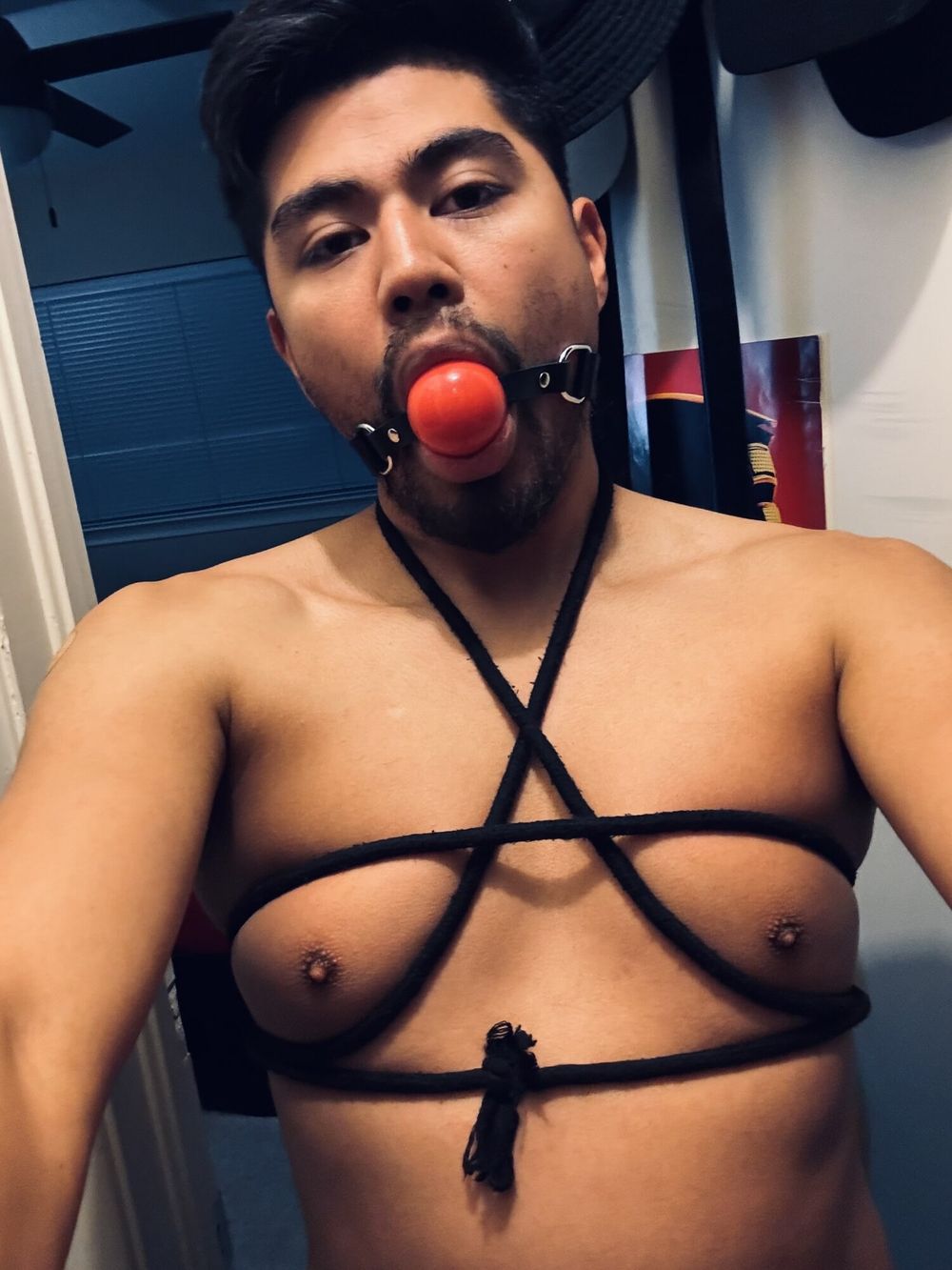 Ball gag selfie and rope tied 