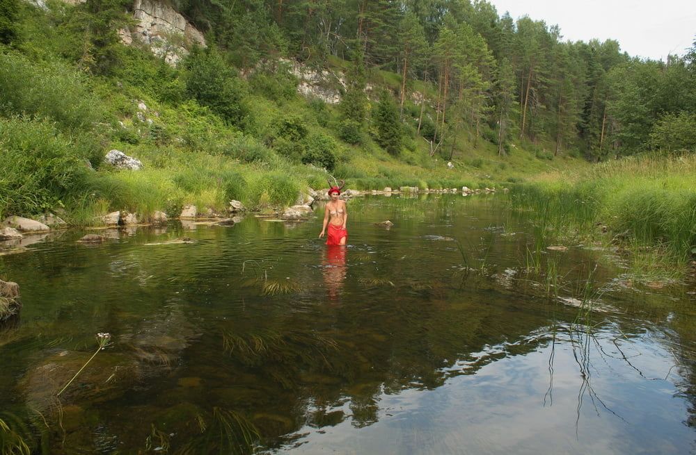 With Horns In Red Dress In Shallow River #12